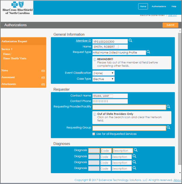 Authorization Request Input Page - all Sections